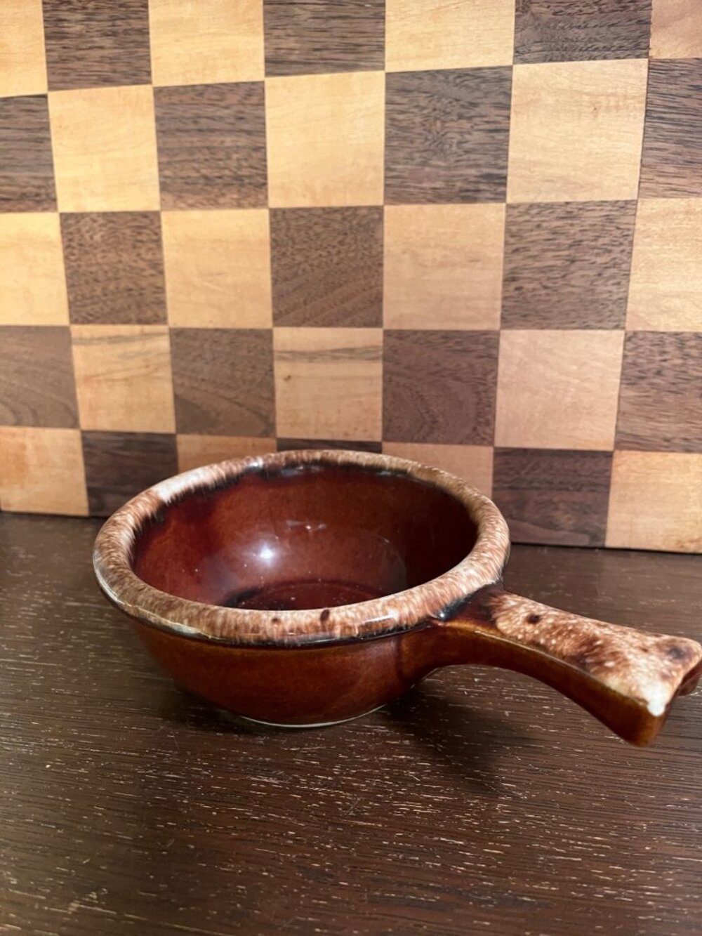Hull Oven Proof Drip Glaze Handled Chili Bowl, Chip on handle